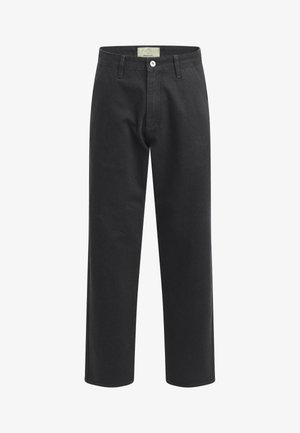 Zwarte katoenbroek met een recht model, voorzien van een knoopsluiting, zijzakken en een label op de tailleband.
