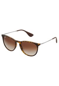 Tortoiseshell sunglasses with gradient brown lenses. Features thin silver metal accents on the frame and dark brown temple tips.