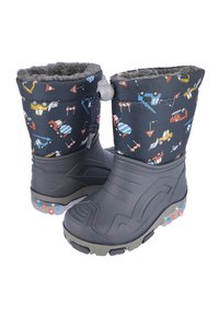 Waterdichte sneeuwlaarzen met een donkerblauw patroon van bouwvoertuigen. Grijze rubberen zolen met een gestructureerde afwerking en verlichte accenten aan de onderkant.