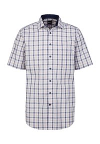 Camicia a maniche corte a quadri nei colori crema, blu e marrone. Presenta un colletto con bottoni e una tasca sul petto. Tessuto in misto cotone.