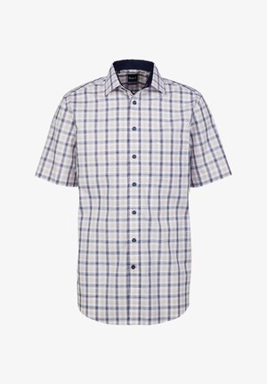 Camicia a maniche corte a quadri nei colori crema, blu e marrone. Presenta un colletto con bottoni e una tasca sul petto. Tessuto in misto cotone.
