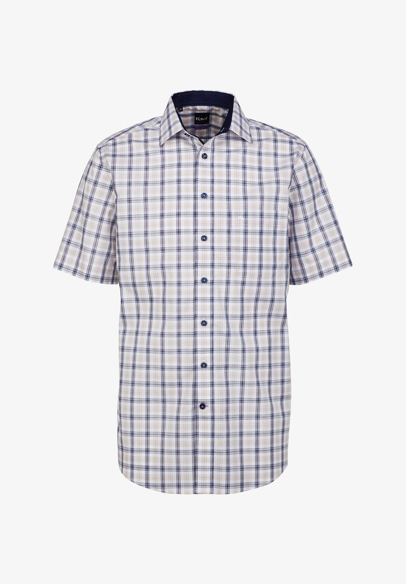 Camicia a maniche corte a quadri nei colori crema, blu e marrone. Presenta un colletto con bottoni e una tasca sul petto. Tessuto in misto cotone.