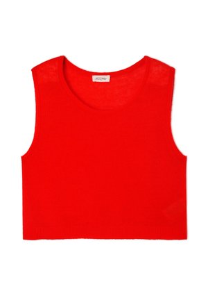 Rotes gestricktes ärmelloses Crop-Top mit rundem Ausschnitt und glatter Textur, das ein sauberes, einfaches Design ohne Verzierungen aufweist.