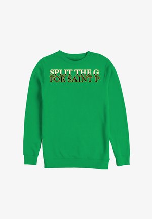 Zielona bluza z bawełny, z okrągłym dekoltem, długimi rękawami i wyrazistym napisem: "SPLIT THE G FOR SAINT P" w kolorze żółtym i czarnym.