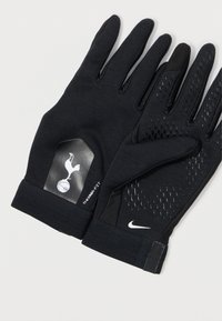 Zwarte sporthandschoenen van gestructureerde stof, met een gladde palm, flexibele vingers en een logo-label op de manchette.