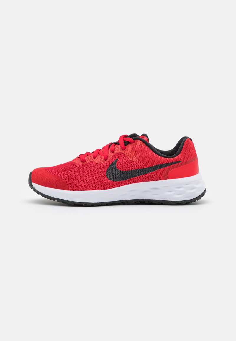Red athletic shoe with mesh upper, black accents, and a white midsole. Features a textured sole for traction and padded collar.