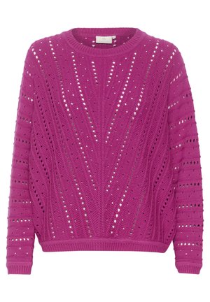 Pull en tricot fuchsia avec un motif texturé et un design ajouré, col rond, et poignets et ourlet côtelés.