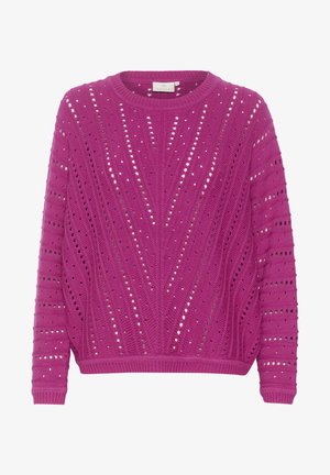 Maglione fucsia lavorato a maglia con un motivo testurizzato e un design a intaglio, colletto a girocollo, e polsini e orlo a coste.