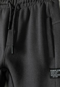 Grijze joggers van zacht materiaal met een elastische tailleband, een verstelbare trekkoord en een zwart label met de tekst "SURPLUS" aan de zijkant.