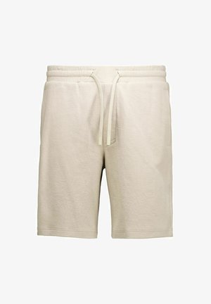 Beežikat tekstuuriga kangast lühikesed püksid elastsest vöökohast ja nöörkinnitusega, küljetaskute ja lõdva istuvusega.