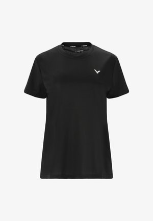 Sort sportst-shirt med korte ærmer, rund hals og lille hvid Victor-logo på venstre bryst.