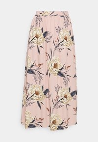 Gonna rosa chiaro con motivo floreale di peonie crema e blu scuro, vita elastica e tessuto fluido.