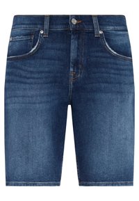 Denim korte bukser i mørkeblå med standard pasform. Har fem lommer, lynlås og kontraststing. Klassisk denimtekstur.