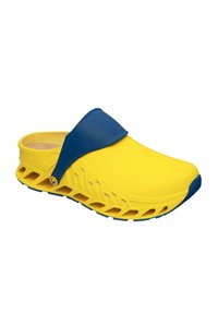 Yellow slip-on shoe with a blue strap, made of lightweight material. Features ventilated sides and a smooth, rounded toe design.