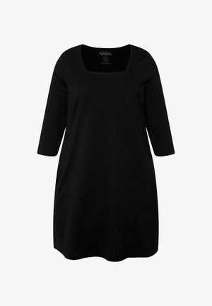 Schwarzes Baumwollkleid mit quadratischem Ausschnitt, dreiviertellangen Ärmeln und lockerem Schnitt, geeignet für verschiedene Anlässe.