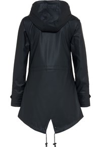 Schwarze wasserdichte Jacke mit Kapuze, mit tailliertem Schnitt, langen Ärmeln und abgerundetem Saum. Hergestellt aus glattem, strapazierfähigem Stoff.