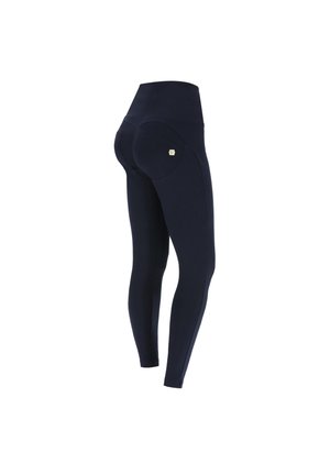 Leggings blu navy con vita alta, design senza cuciture e tasche posteriori curve. Realizzati in tessuto morbido e elasticizzato per comfort.