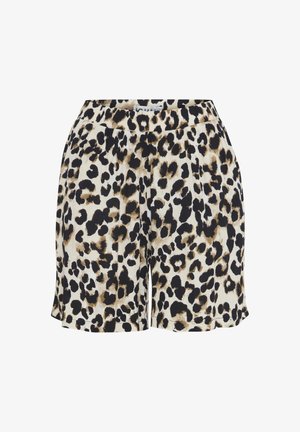 Shortsit leopardikuosisella joustavalla vyötäröllä, jossa on beigetaustaa ja mustia sekä ruskeita laikkuja, valmistettu kevyestä kankaasta.