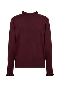 Burgundy pullovertröja med volangkrage och ärmslut. Tillverkad av mjukt stickat material, med en enkel, avslappnad passform.