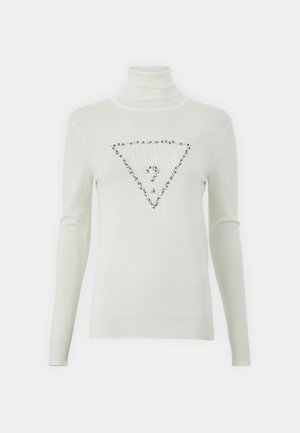 Maglione a maniche lunghe bianco con collo a dolcevita, caratterizzato da un logo triangolare con strass e tessuto a maglia testurizzata.