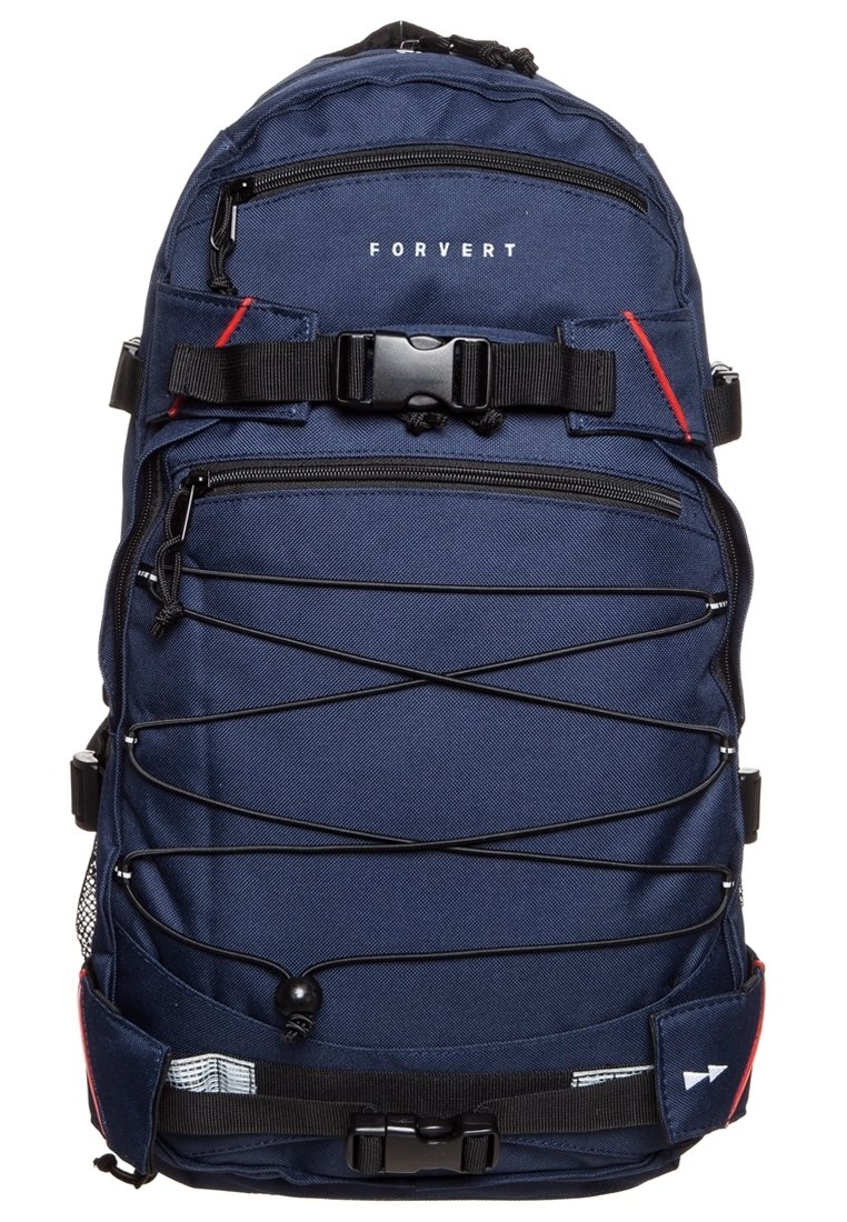 Mochila de nylon azul oscuro con múltiples compartimentos con cremallera, cordón elástico delantero, acentos rojos y correas ajustables.