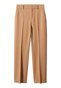 Pantalons beige sur mesure avec une texture lisse, dotés de plis à l'avant, de deux poches latérales et d'une ceinture avec passants.