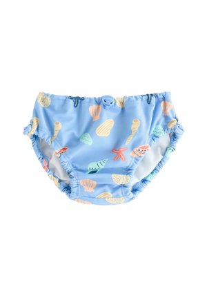 Baby svømmedragt i blå med flerfarvede mønstre af muslinger og søstjerner, med elastisk talje og benåbninger for en sikker pasform.
