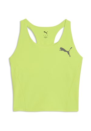 Débardeur de sport jaune néon sans manches avec un design dos nageur et un logo Puma gris sur la poitrine et à l’intérieur du dos.