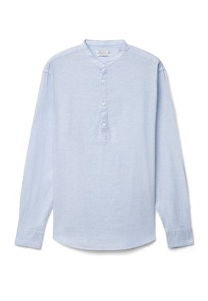 Hellblaues Langarmhemd mit Stehkragen und vier Knöpfen, gefertigt aus weichem, leichtem Stoff.