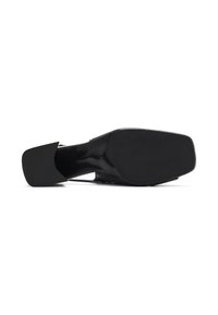 Black high-heeled shoe featuring a glossy patent finish, open-back design, and a square toe. The sole is textured and flat.