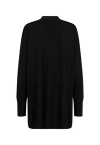 Pull en tricot noir, manches longues, coupe ample, design en V, texture lisse, bords côtelés aux manches et à l'ourlet, silhouette simple et épurée.