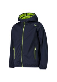 Marineblaue Jacke mit einer taillierten Kapuze, ausgestattet mit neongrünen Reißverschlüssen und einem Innenfutter, hergestellt aus einem glatten, strapazierfähigen Stoff.