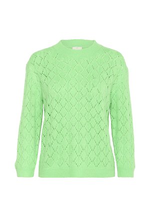 Vihreä neulepusero, jossa on timanttikuvio, pyöreä kaula-aukko ja pitkät hihat. Materiaali on kevyt ja ilmava, täydellinen kerrospukeutumiseen.