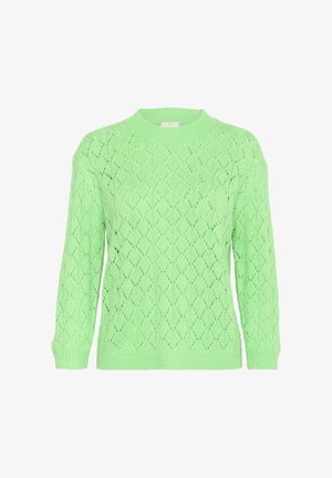 Pull en tricot vert avec un motif en losanges, col rond et manches longues. La texture est légère et aérée, idéale pour le superposition.