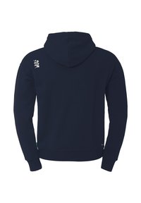 Sweat à capuche bleu marine avec manches longues, poignets et ourlet côtelés. Présente un petit logo sur l'épaule gauche. Texture de tissu douce.