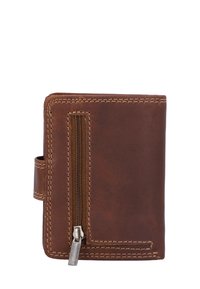 Brown leather wallet featuring a zippered compartment, prominent stitching, and a sleek rectangular shape with a side loop for easy carrying.