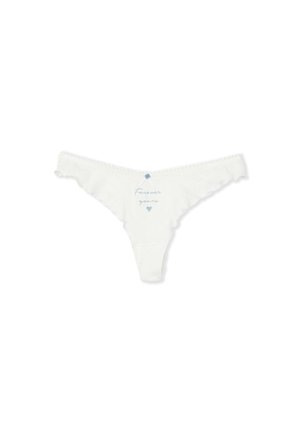 String blanc pour femmes avec des bords festonnés, une petite rose bleue en haut au centre, et le texte bleu « Forever yours » avec un cœur en dessous.
