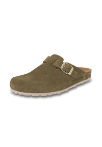 Zoccolo in suede verde oliva con punta arrotondata, fibbia metallica regolabile e suola in gomma testurizzata di colore chiaro.