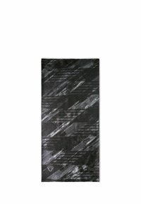 Schwarzer multifunktionaler röhrenförmiger Stoff mit einem strukturierten Muster aus diagonalen grauen Streifen. Enthält das Buff-Logo in der Ecke.