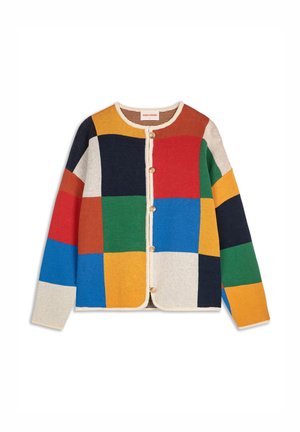 Knäppbar stickad cardigan med flerfärgade lappar i blått, grönt, rött, gult, svart, beige och orange, långa ärmar, rund halsringning.