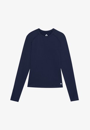 Marineblauwe langemouwshirt van rekbaar materiaal, met een ronde halslijn, raglanmouwen en een klein logo nabij de zoom.