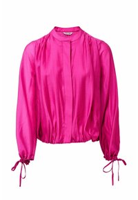 Blusa rosa brillante a maniche lunghe con polsini arricciati legati con fiocchi, colletto alto e orlo in vita morbido e arricciato.