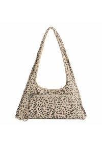 Borsa beige con un distintivo motivo irregolare a pois neri, dotata di un ampio manico sagomato e di una tasca frontale con zip. Materiale morbido.