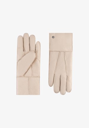 Beige Lederhandschuhe mit strukturiertem Finish, fünf Fingern, genähten Nähten und einem Druckknopfdetail im Handgelenkbereich.