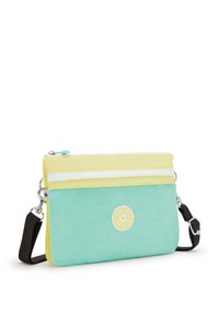 Una borsa a tracolla verde menta e gialla con chiusura a zip, dotata di un logo, tessuto testurizzato e una tracolla regolabile.