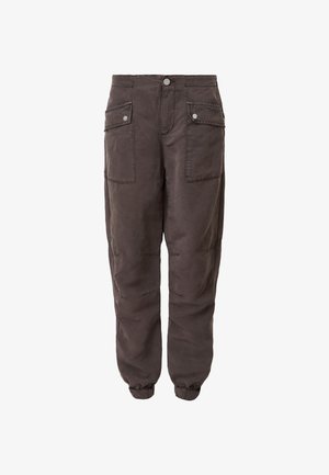 Dunkelbraune Hose aus leichtem Stoff mit zwei Fronttaschen, elastischen Bündchen und sichtbaren Nahtdetails. Tailliert für eine lockere Passform.