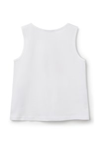 Top bianco senza maniche con scollo rotondo e una texture semplice e liscia. Il design è minimalista, senza pattern o decorazioni visibili.