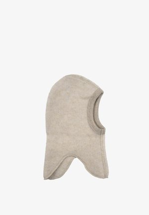 Wollen balaclava in lichtbeige met een zachte, gestructureerde afwerking. Heeft een afgeronde vorm en geribbelde randen voor een stevige pasvorm en warmte.