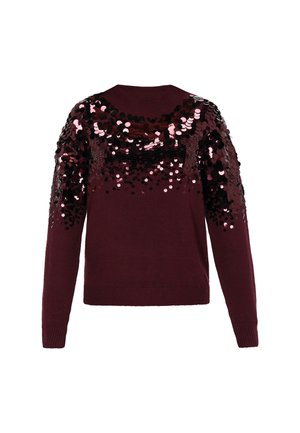 Maglione lavorato a maglia bordeaux con una gradazione di paillettes nere e rosa sulle maniche, scollo rotondo e polsini e orlo a coste.