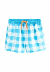 Costumi da bagno a quadri blu e bianchi con vita elastica e cordoncino arancione. Caratterizzati da due tasche laterali. Tessuto dalla texture liscia.